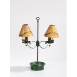 Toleware desk lamp, painted in green with yellow Oriental scene shades, 49cm high