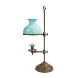 Victorian brass candlestick, the central square column with adjustable turquoise and white glass