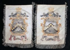 Pair of 19th Century armorial silks, centred with a hand painted crest and gilt leaf edges above the