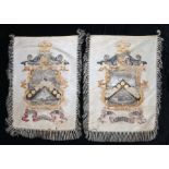Pair of 19th Century armorial silks, centred with a hand painted crest and gilt leaf edges above the