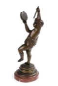 19th Century bronze figure, of a dancing putto playing the tambourine above a stepped base on a