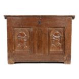 16th Century oak French coffer, circa 1520-1550, the rectangular hinged top with a stud to each