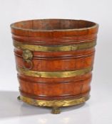 19th Century peat bucket, with gilt metal straps and lion masks with hoop handles above lion paw