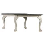 Pair of decorative console tables, the faux marble tops above painted cabriole claw and ball legs,