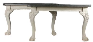Pair of decorative console tables, the faux marble tops above painted cabriole claw and ball legs,