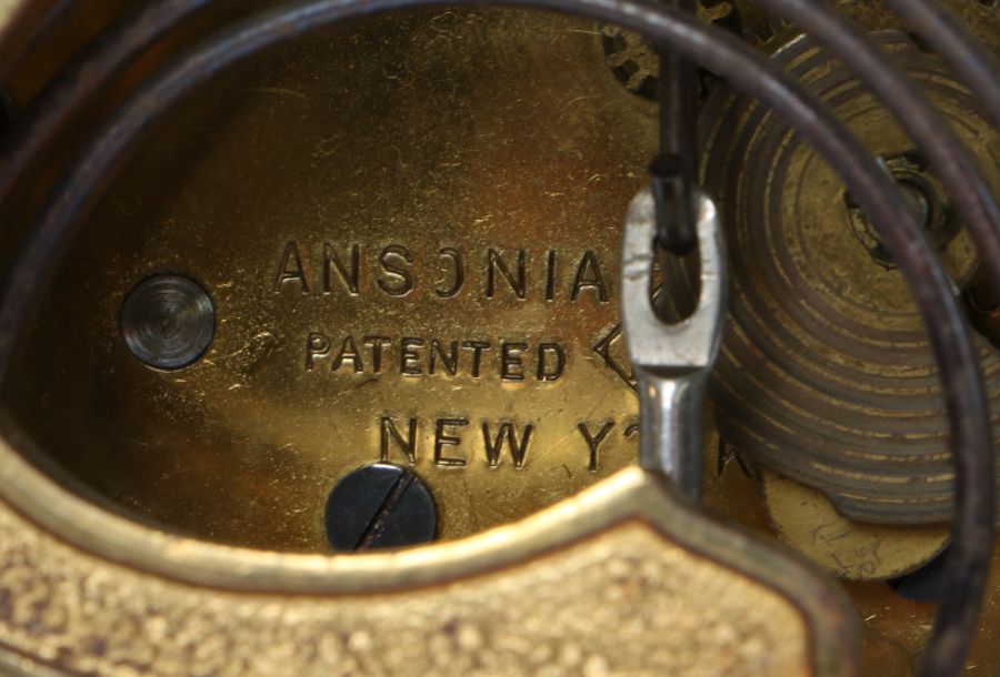 Ansonia gilt metal four glass mantel clock, circa 1900, having scrolling swags and scallop design - Image 3 of 4