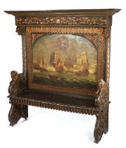Late 19th century Dutch painted and carved wood settle, the scroll carved pediment with central lion