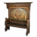 Late 19th century Dutch painted and carved wood settle, the scroll carved pediment with central lion