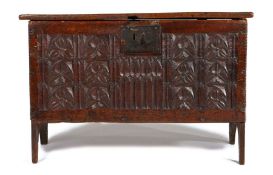 16th Century oak coffer, 16th Century elements, of small proportions, the rectangular top boards