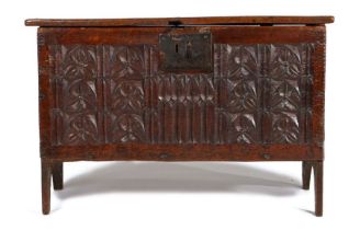 16th Century oak coffer, 16th Century elements, of small proportions, the rectangular top boards