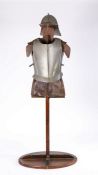 English civil war style armour, to include lobster tale helmet and chest piece with leather shirt