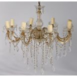 20th Century glass chandelier, the baluster centre with eight arched projecting arms with swag