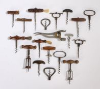 A collection of eighteen corkscrews, to include various examples with turned handles, a horn handled