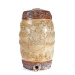 19th Century stoneware salt glazed spirit barrel, with dark brown collars with vine leaves, the