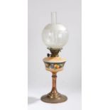 Made In England oil lamp, with clear glass chimney and etched clear glass globe form shade, the