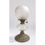 Hinks & Son oil lamp, with frosted shade above a clear glass reservoir and scroll cast base, 31.