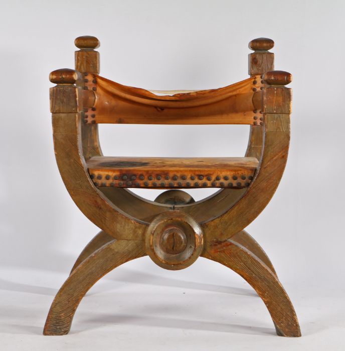 Unusual early 20th throne armchair, the leather back above a leather seat and arched front and - Image 2 of 3