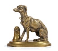 Victorian bronze, of a dog seated by a post above an oval plinth base, 13cm high