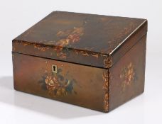 19th Century lacquer stationary box, the sloped lid decorated with a peacock amongst foliage and