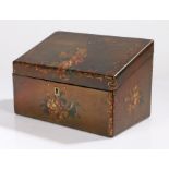 19th Century lacquer stationary box, the sloped lid decorated with a peacock amongst foliage and