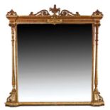 Victorian gilt framed overmantel mirror, of large proportions, with urn and pierced scroll decorated