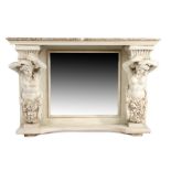 Decorative marble topped console table, the rectangular marble top above nude figural pillars and