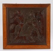 18th Century carved palm wood panel, the carved panel depicting a hunter on horseback with a lance