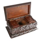 Unusual oak tea caddy, made from 17th and 18th Century carved oak panels, the top with Lady