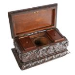 Unusual oak tea caddy, made from 17th and 18th Century carved oak panels, the top with Lady