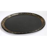 Regency papier mache tray, of large proportions, the oval black tray with gilt decoration to the