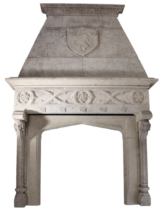 16th Century style stone fire surround, with an heraldic crest showing a rampart lion and two roses,