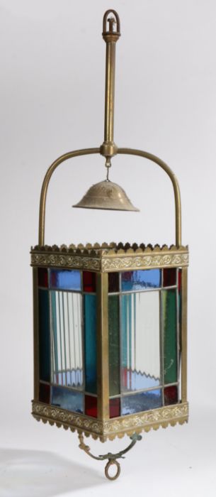 Late 19th century brass hanging lantern, with four leaded stained glass panels, 62cm high - Image 2 of 2