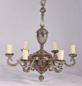 Silver plated six branch chandelier, the tapering harebell decorated stem above six scrolled arms