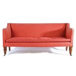 Victorian mahogany settee, the pad back flanked by arched arms and a cushion seat above tapering