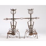 Large pair of fire dogs, the basket tops above a stem and barley twist scrolled supports above