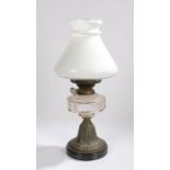 Hinks Duplex 2nd oil lamp, the tapering white glass shade above a faceted clear glass reservoir