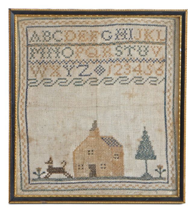 19th Century sampler, with an alphabet and numbers above a church, dog, flowers and a tree, 21cm x