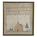 19th Century sampler, with an alphabet and numbers above a church, dog, flowers and a tree, 21cm x