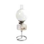 Best British Make oil lamp, with clear glass chimney and white glass globe form shade above a