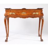 George II style walnut silver table, the rectangular top with raised edge and scroll corners above a