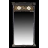 Regency pier mirror, the rectangular mirror plate within the black frame surmounted by a gilt and