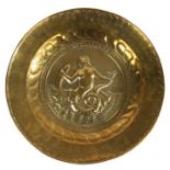 Unusual brass Alms dish, the centre with a Mermaid holding a fish with a star, sun and arch