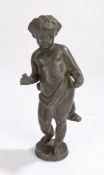 18th Century lead figure, of a boy standing with a triangle and a draped robe on a plinth base, 20cm