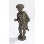 18th Century lead figure, of a boy standing with a triangle and a draped robe on a plinth base, 20cm