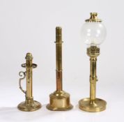 Two Palmer & Co sprung loaded brass candlesticks, similar French brass example stamped AG, with