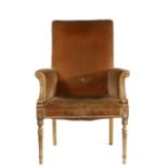 Regency style gilt armchair, the rectangular pad back above a stuff over seat and arms with gilt