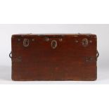 17th Century strong box, the hinged lid opening to reveal storage space above three locks and