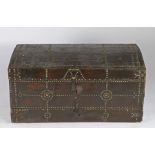 17th Century leather clad trunk, circa 1678, the slighted domed top with stud work line
