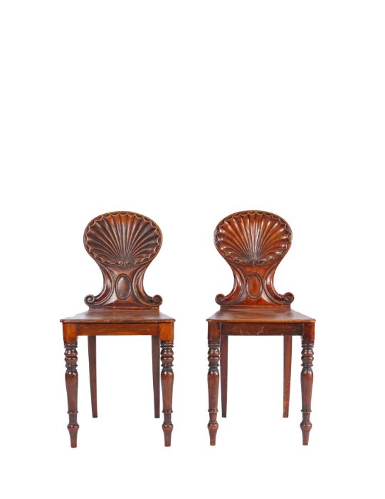 Pair of George III mahogany carved shell back hall chairs, possibly by Gillows of Lancaster, the - Image 3 of 3