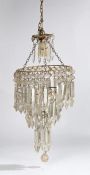Gilt metal and cut glass basket chandelier, of small proportions, the drop basket formed by glass